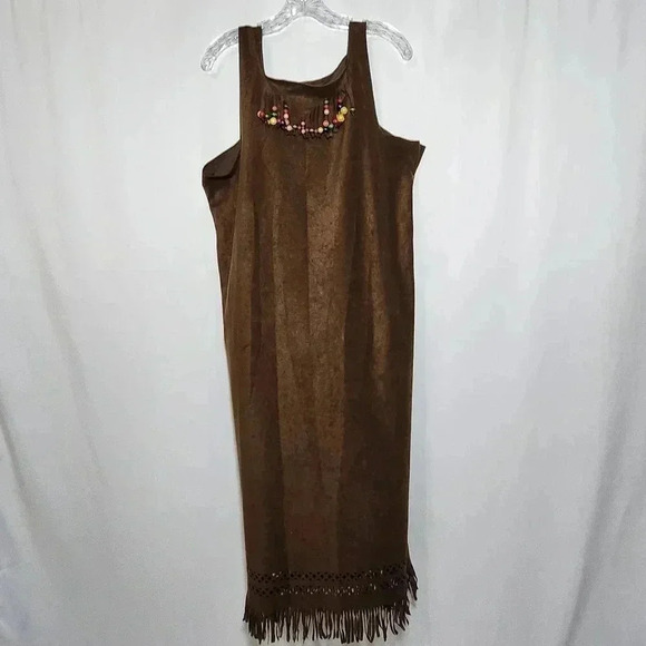 Women's Indian Costume Squaw Dress Halloween Beaded Neck Fringe Bottom - Picture 1 of 8